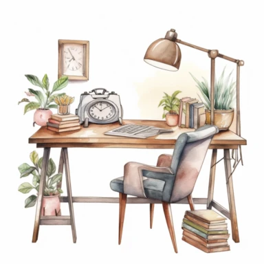 A chic office space with a wooden desk, a comfortable chair, a table lamp, a laptop, a potted plant, a wall clock, a bulletin board, and a pencil holder - watercolor illustration with photorealistic high details clipart, white background