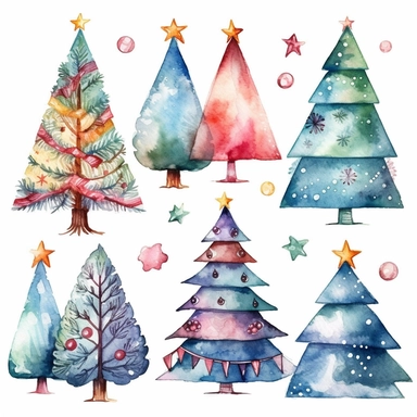 Watercolor christmas trees with christmas ornaments with gift boxes underneath, illustrations clipart set, simple, christmas colors , cartoon elements, different variants , candy cane, hollybell, bow, separate elements with a margin
