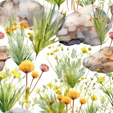 seamless pattern watercolor art of tuft of grass with dandelions, rocks, bugs in a field, in the style of realistic and hyper-detailed renderings, sketchfab, ahmed morsi, realistic watercolor paintings, use of common materials, handcrafted designs clipart