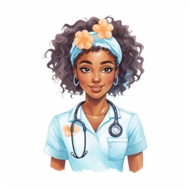 Beautiful black woman nurse, folk art, watercolor, clipart, kawaii, white background