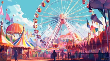 Vibrant carnival with colorful rides, festive atmosphere, joyful laughter, exhilarating fun, pencil illustration, high-quality, clipart