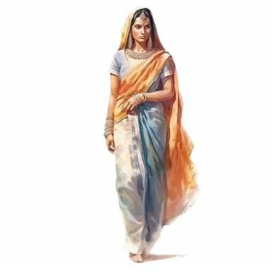 watercolor style, full body view, beautiful woman from India wearing traditional clothes, very detailed, realistic, clipart, isolated on white background, 4K