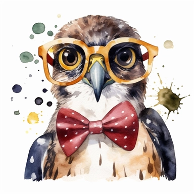 please create watercolor clipart of a hawk smiling, wearing party GLASSES AND BOW TIE and bubbles, colorful, WHITE BACKGROUND