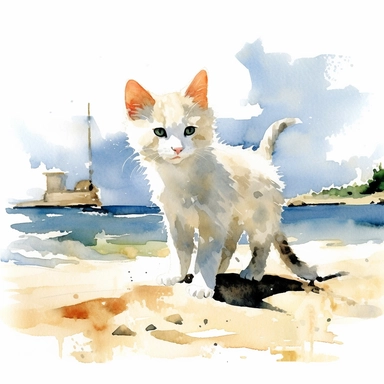 happy kitten on the beach, watercolor painting by WINSLOW HOMER, clipart, white background