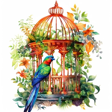 highly detailed watercolor clipart, charming birdcage in vibrant colors, fantasy, highly detailed, fantasy cartoon illustration, greenery, whimsical, UHD, 8K, 3D, solid white background