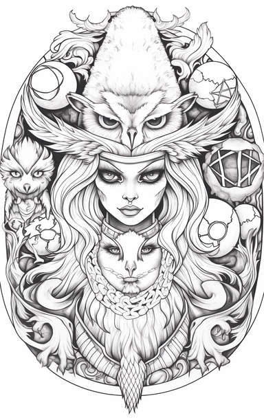 Coloring cartoon page for adult,witch clipart 6 witches, owl, in the style of reimagined by Dr. Seus, mystic mechanisms, illusory images, witchcore, lith printing ,clear and clean line art, white background