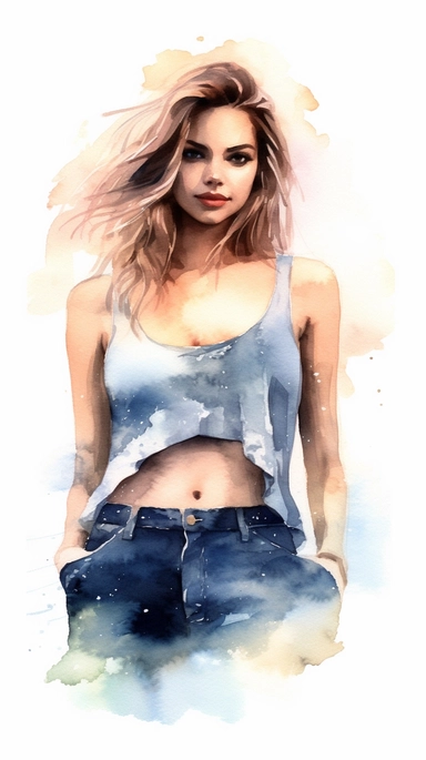 watercolor stylized clipart of a gorgeous unshaved french woman bombshell with hairy armpits in a white croptop and denim shorts, posing, epic light, chaotic,