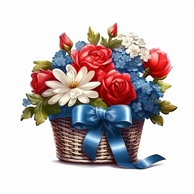 Red and blue and white flower basket clipart, red ribbons, high detailed, realistic detail, illustration style, high solution, on the white background