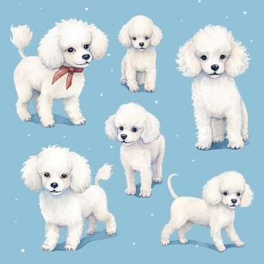 cute white baby Poodle clipart set,8k,realistic skin, digital painting, happy expression, running pose, FLUFFY FUR,side view, in the style of watercolor cartoon clipart, kate greenaway style,high resolution, composition free space, vibrant color scheme, watercolour clipart,isolated white background, clipart most popular on etsy, book illustration, featured on dribble,print on demand image, PNG tranparent background,composition medium shot, no text