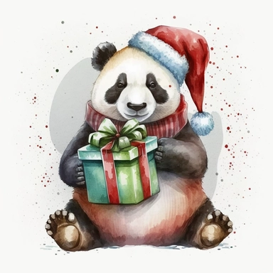 Cute and Happy Panda wearing a Santa hat and holding a Christmas present, Clipart. watercolor style, white background