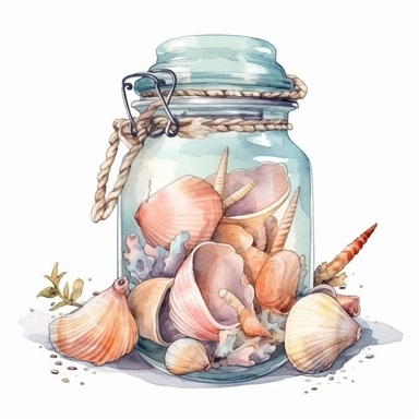 watercolor clipart of beautiful pastel shells within a big round jar wrapped with rustic cord ornament, vintage style