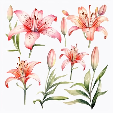 watercolor lily flowers and leaves clipart,tiny, long branches,hd, on white background, space out