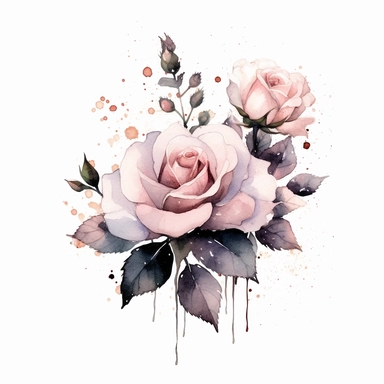 clipart, white background, watercolor lush palest pink roses, white background, black alcohol inks splotches in the foreground, clip art