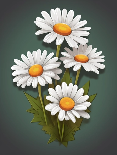 Isometric Sticker Clip Art of three daisy flowers, children friendly, illustrated in a botanic and playful and realistic style, perfect for any special occasion, cut out in the shape of daisy flowers, with no visible background, giving it the appearance of a sticker, conveying a mystical and whimsical mood, edited with Adobe Photoshop to adjust brightness and contrast, rendered as a transparent PNG file with a high resolution to ensure a crisp and clear image with no pixelation, suitable for var