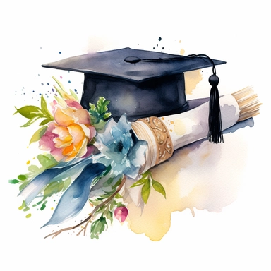 graduation scroll with spring florals, watercolor, white background clipart