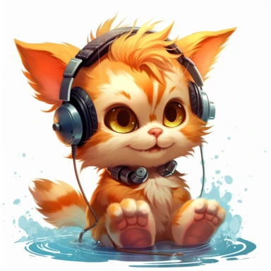 cute kitten listening to music in the style of skottie young, clipart