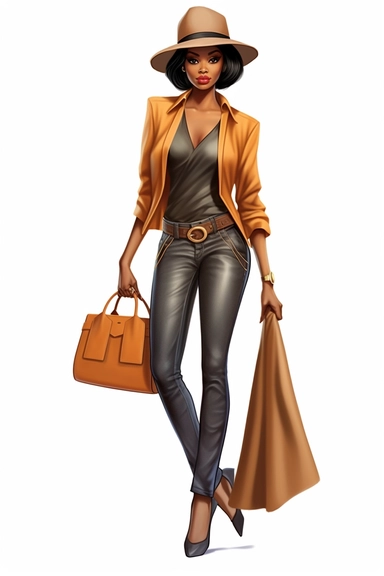 beautiful african american women, clipart, fashion, full body, pixie cut hair, hat, purse, heels, pants, jacket, shirt, handbag, boss
