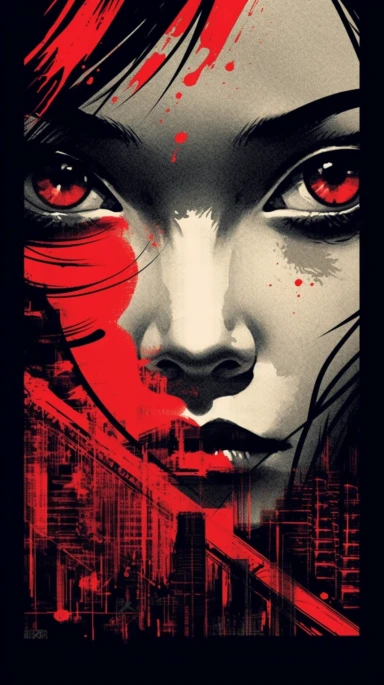 a newspaper clip art illustration with a red eye for an asian woman, in the style of large-scale murals, dark palette chiaroscuro, movie poster, mori kei, captivating documentary photos