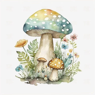 woodland mushroom, archive illustration, cute, watercolor, white background, clipart