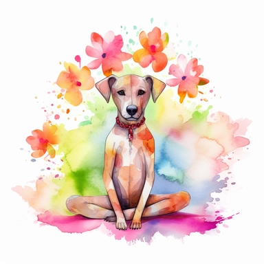 cute dog doing yoga exercise, neon colours yoga lotus flowers background, yoga design, yoga art watercolour clip art