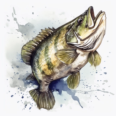 a Jumping Bass Fishing watercolor Clipart sublimation clipart graphic, full body, clipart, sticker, a single picture, cartoon style, highly detailed, 8k, one image in the frame--no text in the picture--