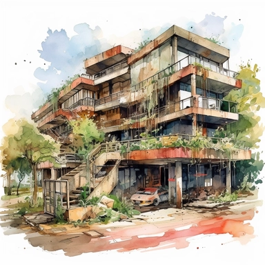 watercolor clipart abandoned place overgrown shopping mall