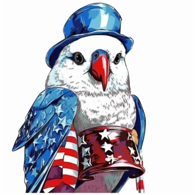 Patriotic Parakeet, perched on a small Liberty Bell, isolated on a white background, abstract expressionist style, clipart,