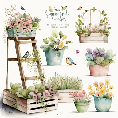 Watercolor Spring Planters Clipart - springtime cute planter boxes and garden ladders