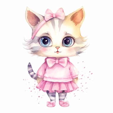 Cute cartoon baby cat girl with big eyes in beautiful pink pastel summer clothes, clipart, hand painting watercolor, watercolor paper textute , white background
