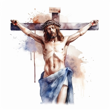 Jesus Christ on the cross, watercolor, clipart style, solid white background