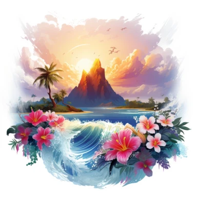 artwork majestic palm tree in digital painting style, beautiful flowers, sunrise mountain and clouds, big sea waves, water splashes, water splashes, white background, colorful fantasy flower surround, highly detailed clean, vector image, photorealistic master piece, professional photography, realistic, flat white background, isometric, vibrant vector, clipart, illustration, realism, 4k, cinematic, front view, white background