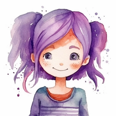 watercolour clipart of a girl with purple hair , she is the catalyst for her group shared common dreams, binding the girls together. She is direct, occasionally sharp-tongued, and highly empathetic. With a heart full of compassion, she never hesitates to lend a helping hand to anyone in need. She`s dedication to their craft is unparalleled, make her smiling, exalted mood, white background, 8k, f1