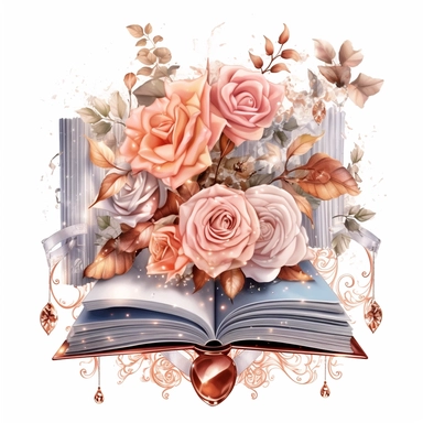 Watercolour rose gold and pastel detailed 3d Handheld Floral Book reading lover, surrounded by beautiful roses and Swarovski crystals and diamonds, svg clipart style, solid white background, clipart element, clipart style highly detailed beautiful