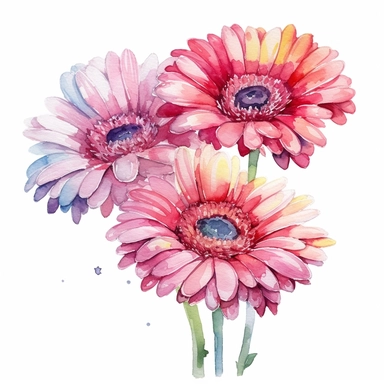 Watercolor, Gerbera daisy flowers, white background, high resolution, Clipart, SHARP LINES, flowy, shiny