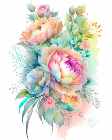 soft colorful neon pastel colored floral arrangement clipart, soft and subtle, colorful neon fairy pastel colors watercolor style, fawncore, plain white background, colorful neon pastel roses peonies gerberas tulips, excellent depth of shading in soft watercolor style, neon pastel colorful soft watercolor artwork, plain white background for transparent editing