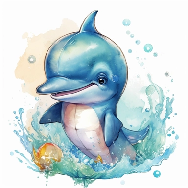 happy cute baby dolphin for kids playing with funny items, cartoon, highly detailed, watercolor, clipart, illustration, digital painting, paper crafting, no signature, no text