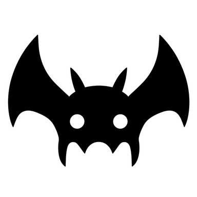 cartoon bat,black and white silhouette icon, clipart style, white background, thick lines, vector, simple design, flat colour, solid colour, halloweencore