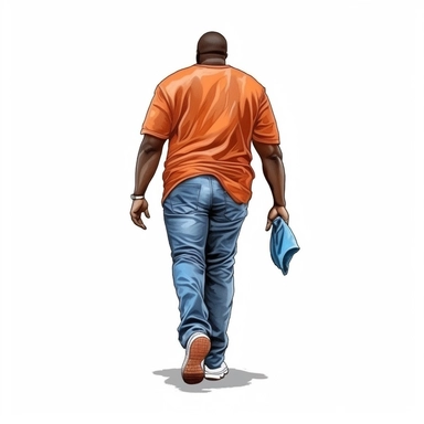 a heavyset and muscular african man with a bright orange tshirt and wrangler-style blue jeans adn white tennis shoes walking away from the camera in the style of hyper-realistic digital airbrushing, sticker, clipart, vector, contour, white background