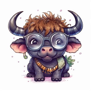 kawaii adorable African buffalo wearing cute glasses, nursery art, clipart image, line art image, white background, inspired by yoshitaka amano art, very detailed, 8k