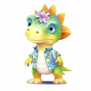 summer, cute Dinosaur wearing a Hawaiian shirt, cute pose, watercolor illustration for kids and children, clipart, sublimation, white background, brightly colored style, realistic color schemes, luminescent color scheme