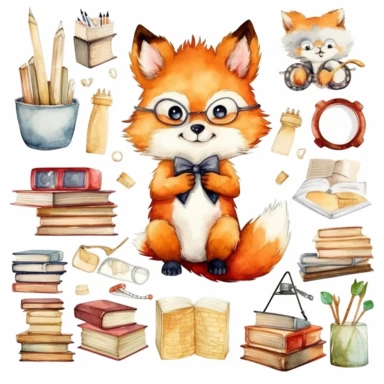 Back to School watercolor clipart, kawaii cute student animals, Fox teacher, animals graphics, School stationery png, School Supplies Clip art , natural color , white background