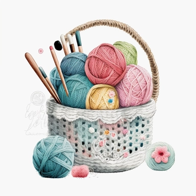 Crochet Clipart PNG Watercolor Yarn Ball in Basket Sublimation white background
