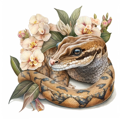 cute boa constrictor, clipart, flowers, realistic, very detailed, white background