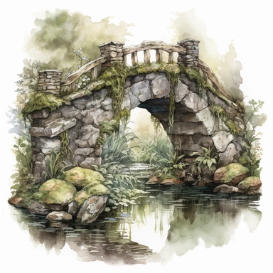 watercolor, hyper realistic, white background, white margins, 16k, ultra detailed clipart, cut out image, hand-drawn, whimsical an enchanted bridge with a moss-covered stone archway and delicate flowers growing along the edges of the bridge.