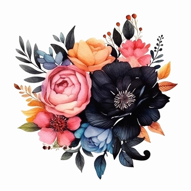 watercolor, handpainted black boho floral clipart, transparent background, spaced out--ar 3:2