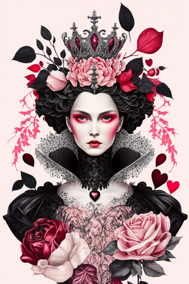 <https://s.mj.run/9tV4APT6Ydk> macro shot, haute couture dolce & gabbana illustration clipart of gothic Alice in Wonderland evil queen of hearts with black diamonds and flowers, pink color palette, white background,