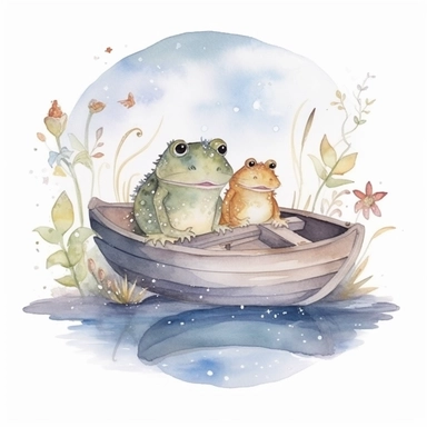 cute Cottagecore frog and toad in a boat on a pond with celestial accents, Clipart, watercolor, white background with margins