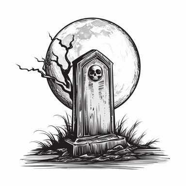A scary looking tombstone for halloween with large full moon behind it, white background, single design, clipart, vector style graphics, sharp lines
