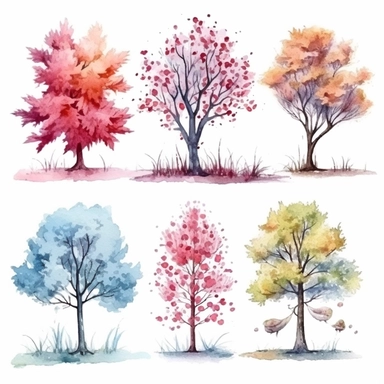 watercolor embroidery , illustrations clipart set, simple , cartoon elements, different variants , trees in seasons , separate elements with a margin