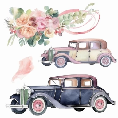 Just married Wedding transportation, such as limousines, vintage cars, watercolor png clipart on a white background
